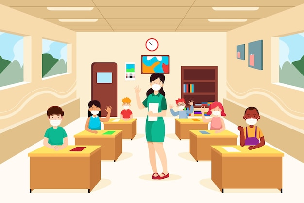 Download Free Vector | Teacher and students wearing face mask in class