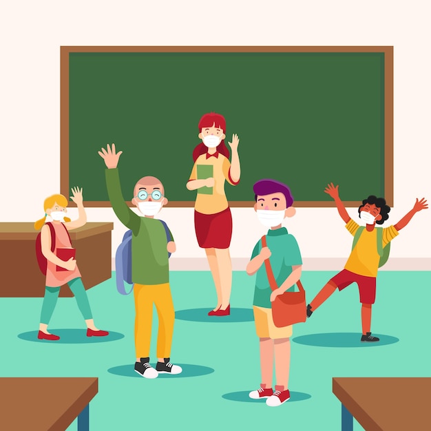 Teacher and students wearing face mask in class Free Vector