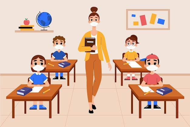 Download Free Vector | Teacher and students wearing face mask in class