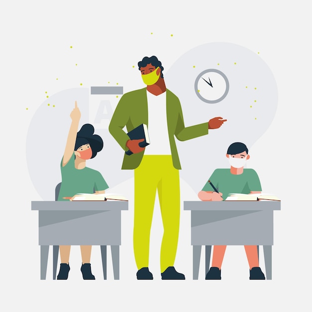 Download Free Vector | Teacher and students wearing face mask in class