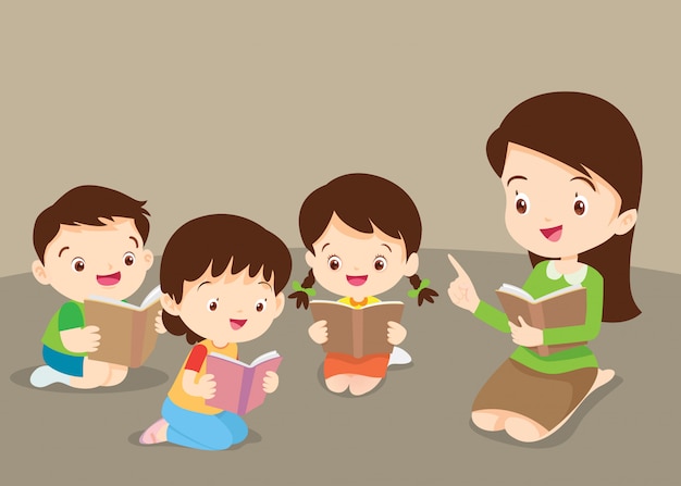 Premium Vector | Teacher teaching cute childrens reading books