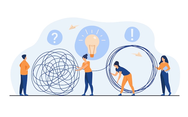 Team of crisis managers solving businessman problems. employees with lightbulb unraveling tangle. vector illustration for teamwork, solution, management concept Free Vector