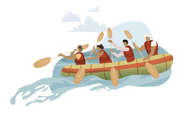 手漕ぎボートの漫画イラストのチーム プレミアムベクター