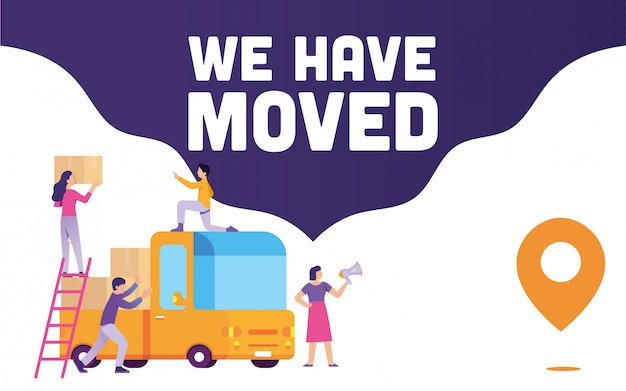 Team worker announce with megaphone they're moving to a new place with we have moved title banner Premium Vector
