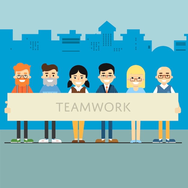 Premium Vector | Teamwork banner with group of smiling people