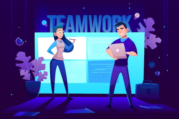 Teamwork characters in front of large glowing screen for presentations on wall. Free Vector