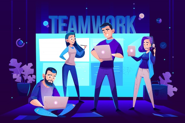Teamwork characters, operator and crew in front of screen for presentations. Free Vector