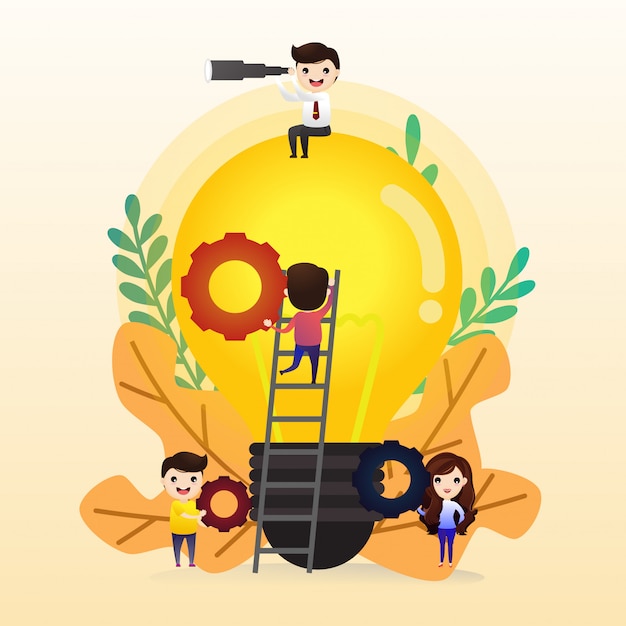 Teamwork on finding new ideas, little people launch a mechanism, search for new solutions, creative work Premium Vector