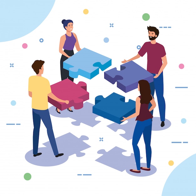 Teamwork people with puzzle pieces Free Vector