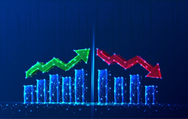 Premium Vector Tech Polygonal Growth Chart With Up And Down Red And Green Arrows And Charts