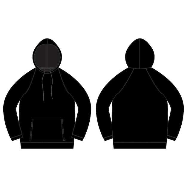 Technical sketch for men hoodie in black color. | Premium Vector