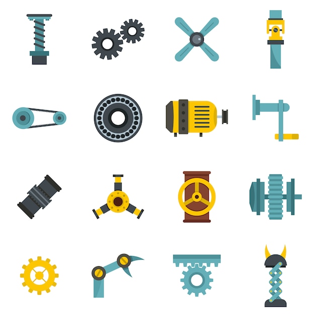 Techno mechanisms kit icons set in flat style Premium Vector