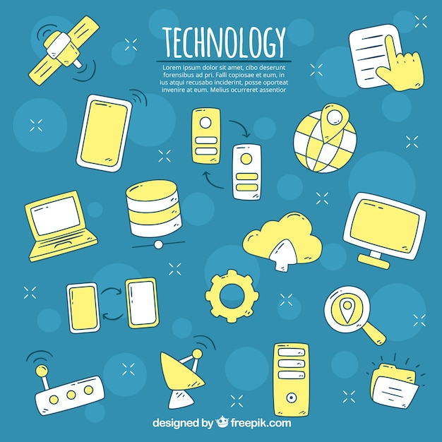 Technology elements background in hand drawn
style