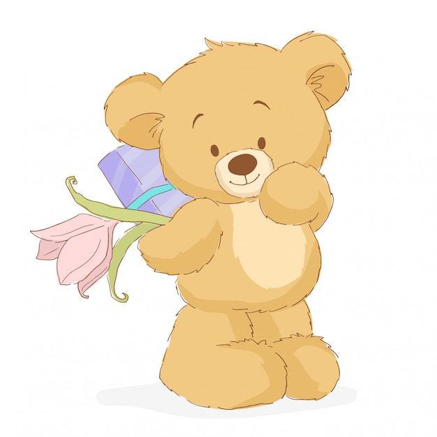 Teddy Bear With Flower And Gift Vector 