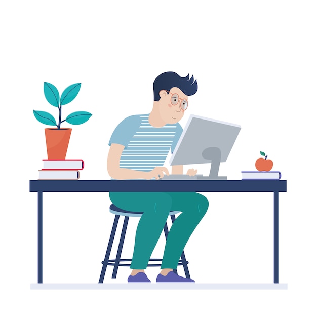 Premium Vector | Teenage boy, kid in glasses working on computer