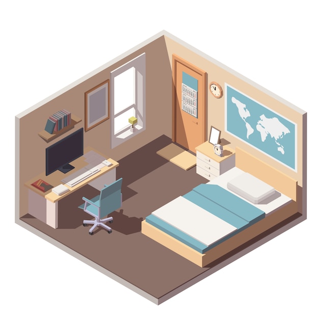 Teenager Or Student Room Interior Icon With Bed Desk