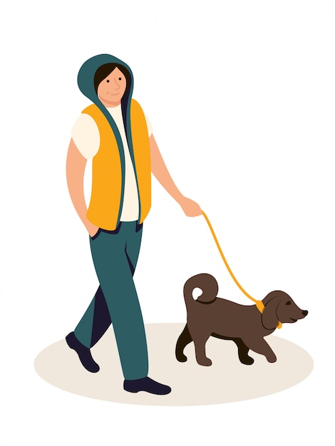 犬のイラストと歩いているティーンエイジャー プレミアムベクター