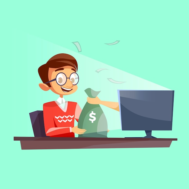 Free Vector | Teenager winning money in internet cartoon. young boy