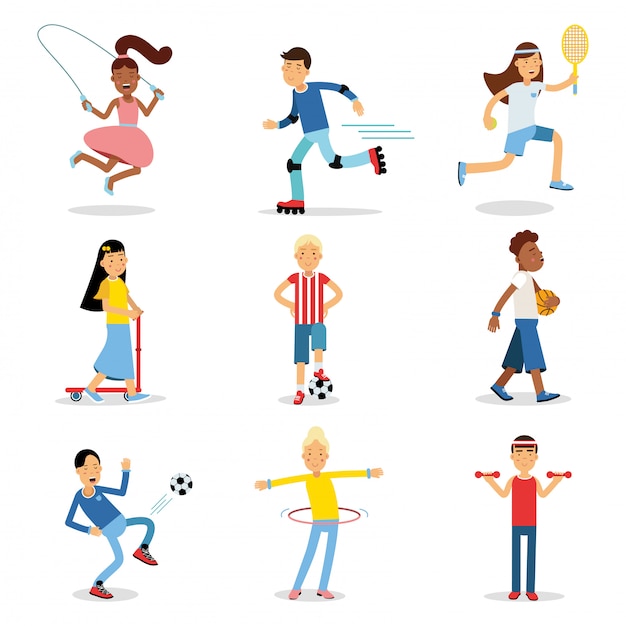 Premium Vector | Teenagers doing different sport set. children physical