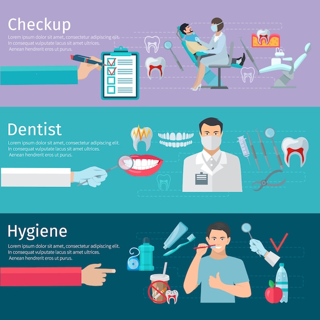 Teeth care horizontal banners set of prophylactic checkup dentist tools and hygiene products flat ve Free Vector