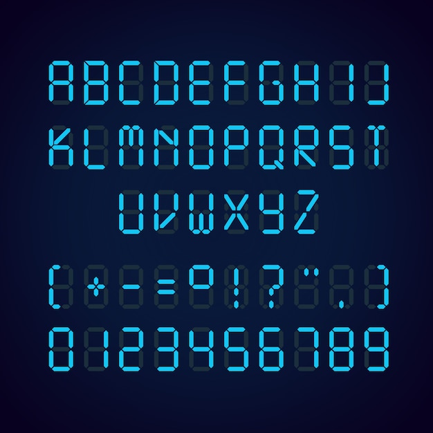 輝くリアルなデジタル青いアルファベットと数字の目覚まし時計の文字のテンプレート プレミアムベクター