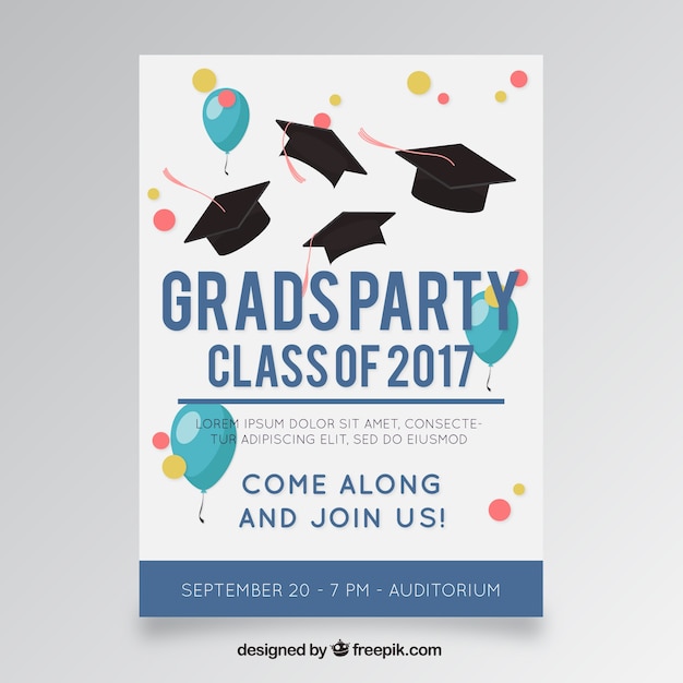 Free Vector | Template of party poster with balloons and graduation caps