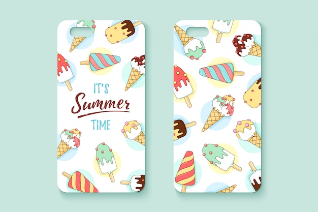 Template phone case with icecream and text summer Premium Vector