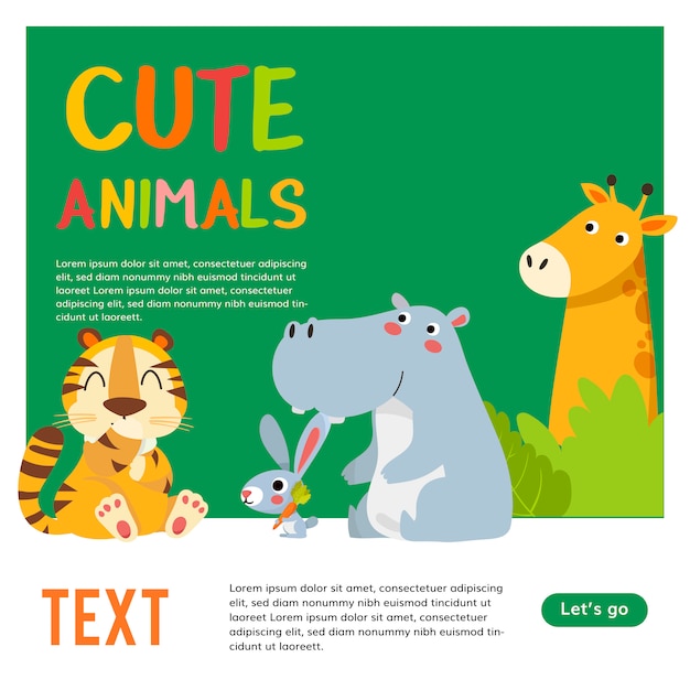 動物園の動物とテンプレートポスター かわいいジャングルの動物漫画イラスト プレミアムベクター