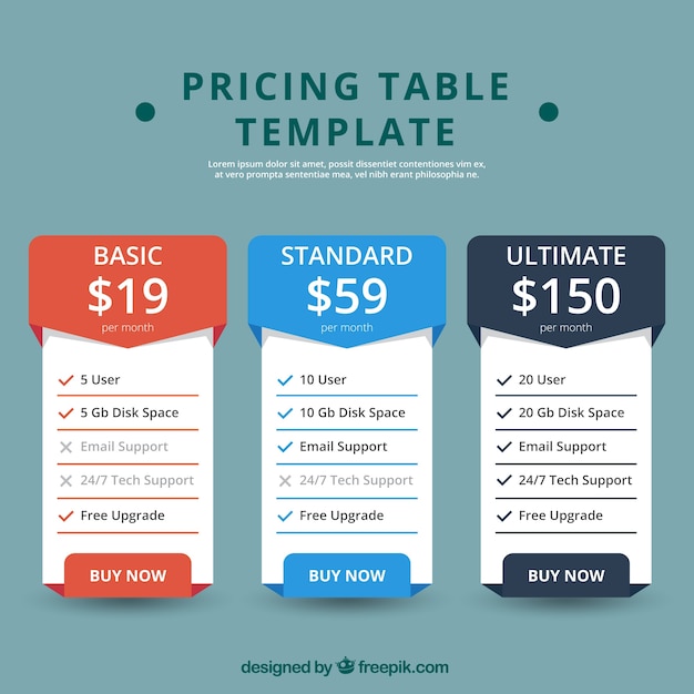Free Vector Template of three pricing tables