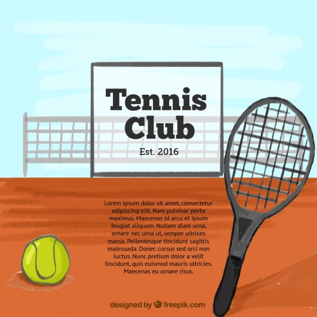 Tennis court background with racket and\
ball