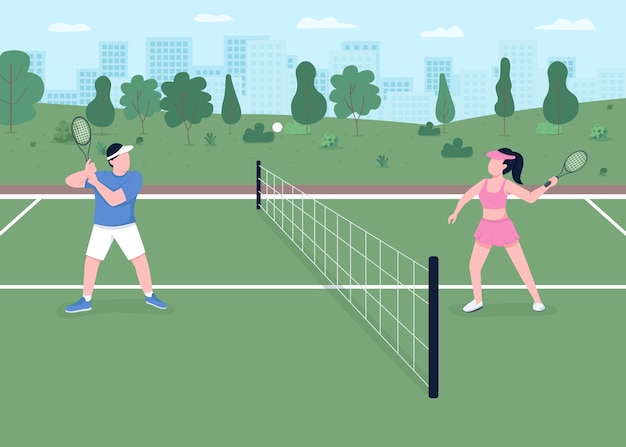 テニスゲームフラットカラーイラスト トーナメントの試合のための屋外コート アクティブなライフスタイル プレーヤーはネット上でボールを打ちました アスリートカップル2d漫画のキャラクターと背景の風景 プレミアムベクター