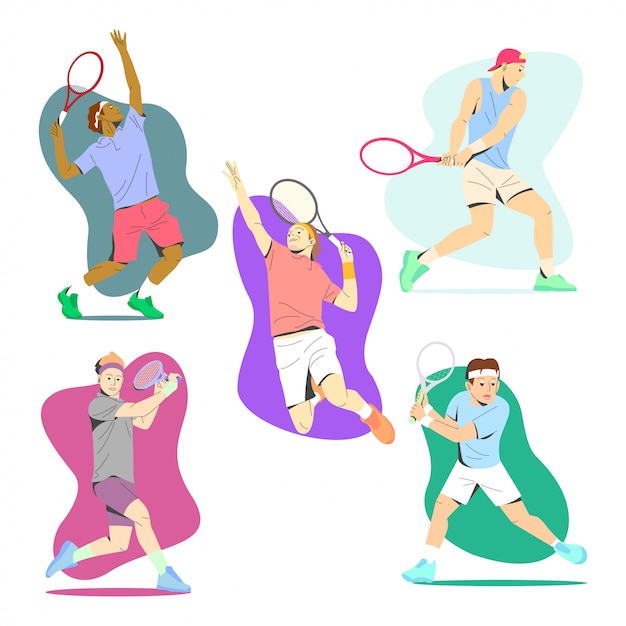 異なる動きのテニス選手がイラスト集を動かす プレミアムベクター