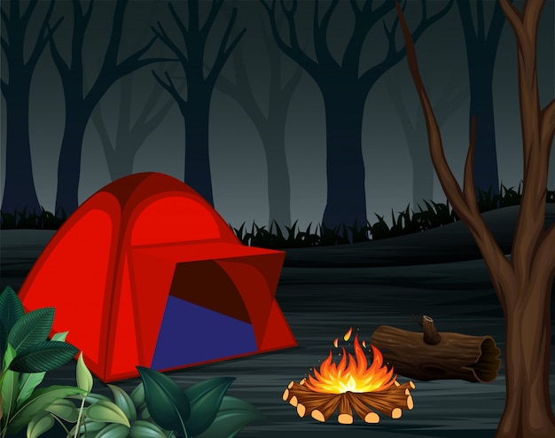 Premium Vector Tents With Bonfire On Dark Night Forest Background