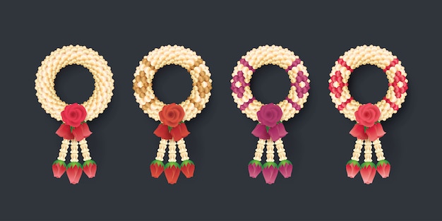 タイのジャスミンとバラの花輪 タイ芸術の実例 プレミアムベクター