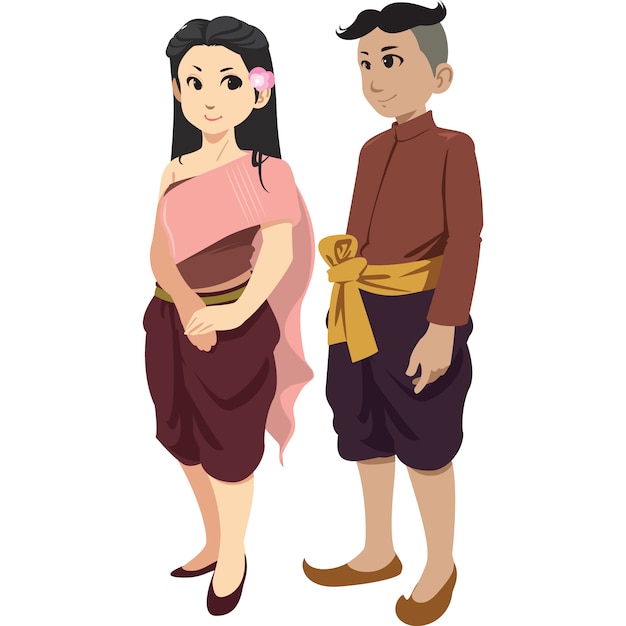 Thai man and woman in the traditional clothing isolated on white background. Premium Vector