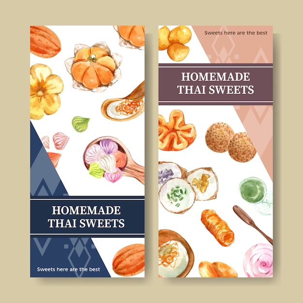 Thai sweet banner with mini castella, golden threads watercolor illustration. Free Vector