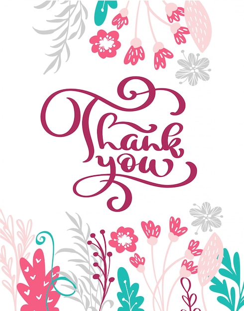 Premium Vector | Thank you hand drawn text with flowers