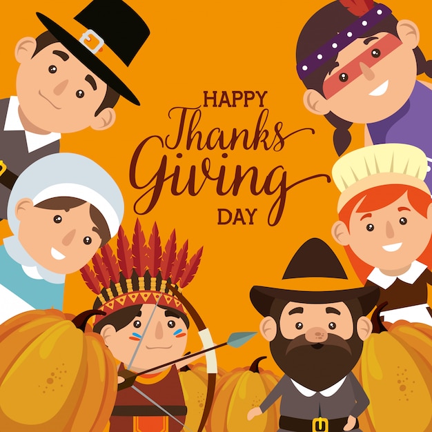 Thanks giving card with pilgrims and natives Free Vector