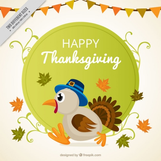 Thanksgiving background turkey with hat and\
dried leaves