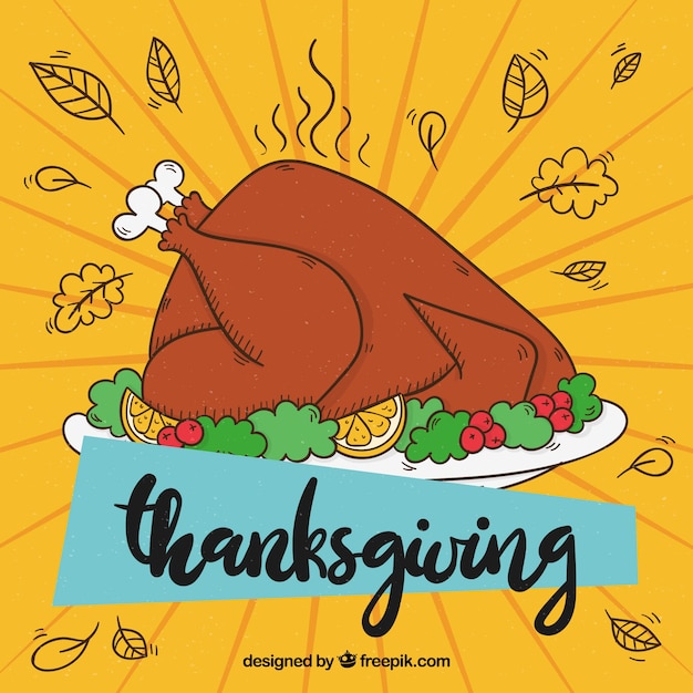 Thanksgiving background with delicious hand\
drawn turkey