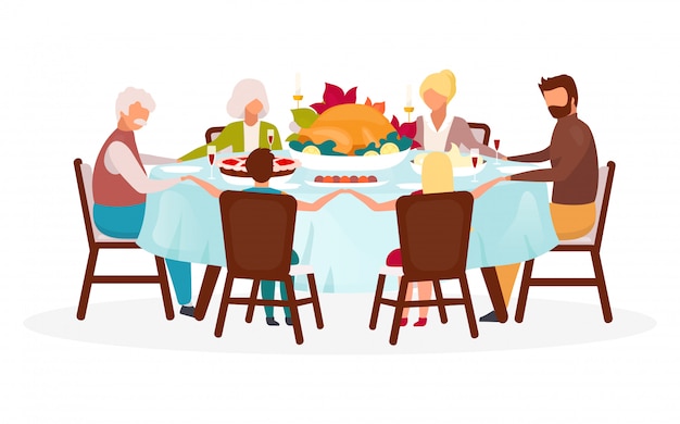 感謝祭の日フラットイラスト 秋の年次休暇のお祝い お祝いの食事 収穫を一緒に祝います トルコの隔離された漫画のキャラクターと家族の夕食 プレミアムベクター