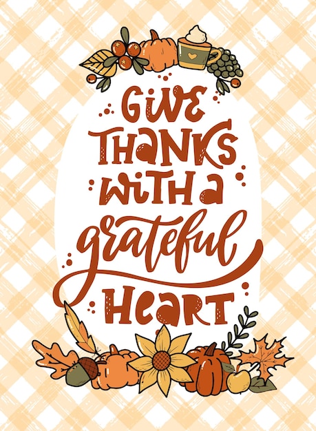 Premium Vector | Thanksgiving greeting card with quote and doodles