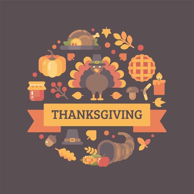 Thanksgiving icons arranged into circle. colorful autumn holiday background Premium Vector