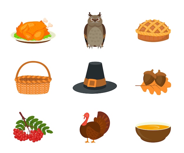 Premium Vector Thanksgiving Symbols Flat Illustrations Set Fried Turkey Owl And Pie