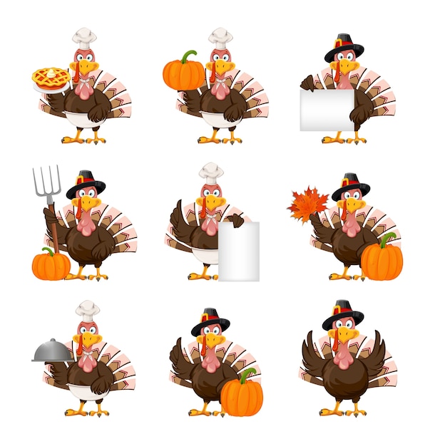 Premium Vector | Thanksgiving turkey bird, set of nine poses