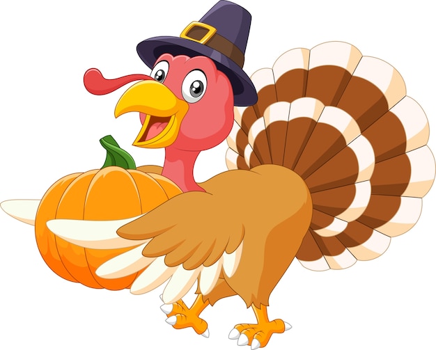 Premium Vector | Thanksgiving turkey mascot holding pumpkin with happy face