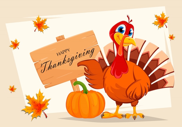 Premium Vector | Thanksgiving turkey pointing on wooden sign
