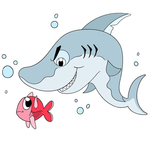悪いサメは小魚を狙っています 漫画イラストかわいい小さなステッカー プレミアムベクター