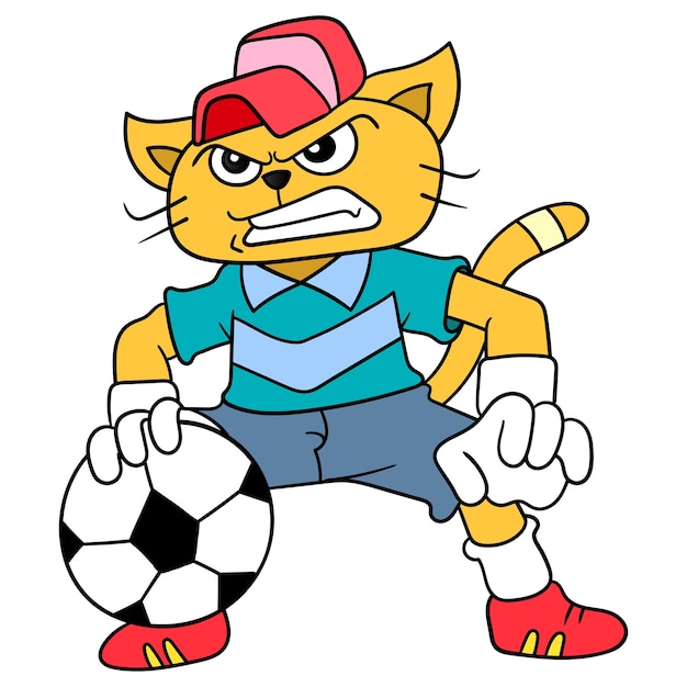 猫はサッカー ベクターイラストアートのゴールキーパーのふりをします 落書きアイコン画像カワイイ プレミアムベクター