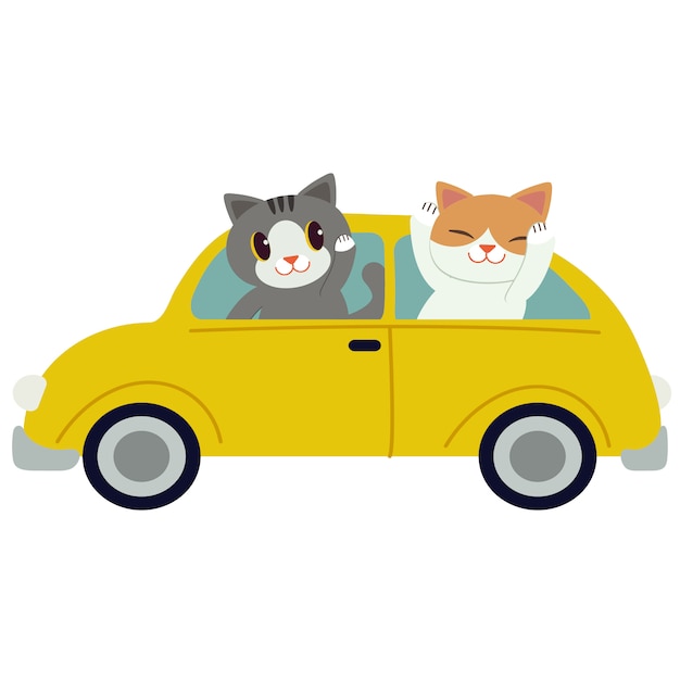 黄色い車を運転するキャラクターかわいい猫 猫は白い背景に黄色の車を運転します プレミアムベクター